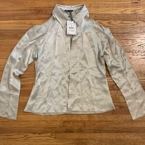 Zara Satin Cold Shoulder Collared Blouse
